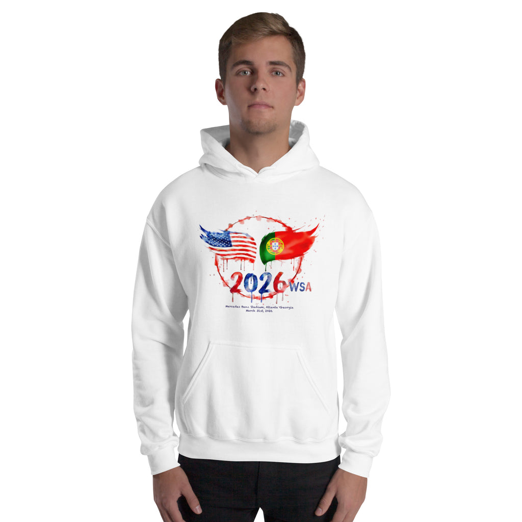Person wearing a white hoodie with a design featuring flags and '2026 WSA' text on a white background