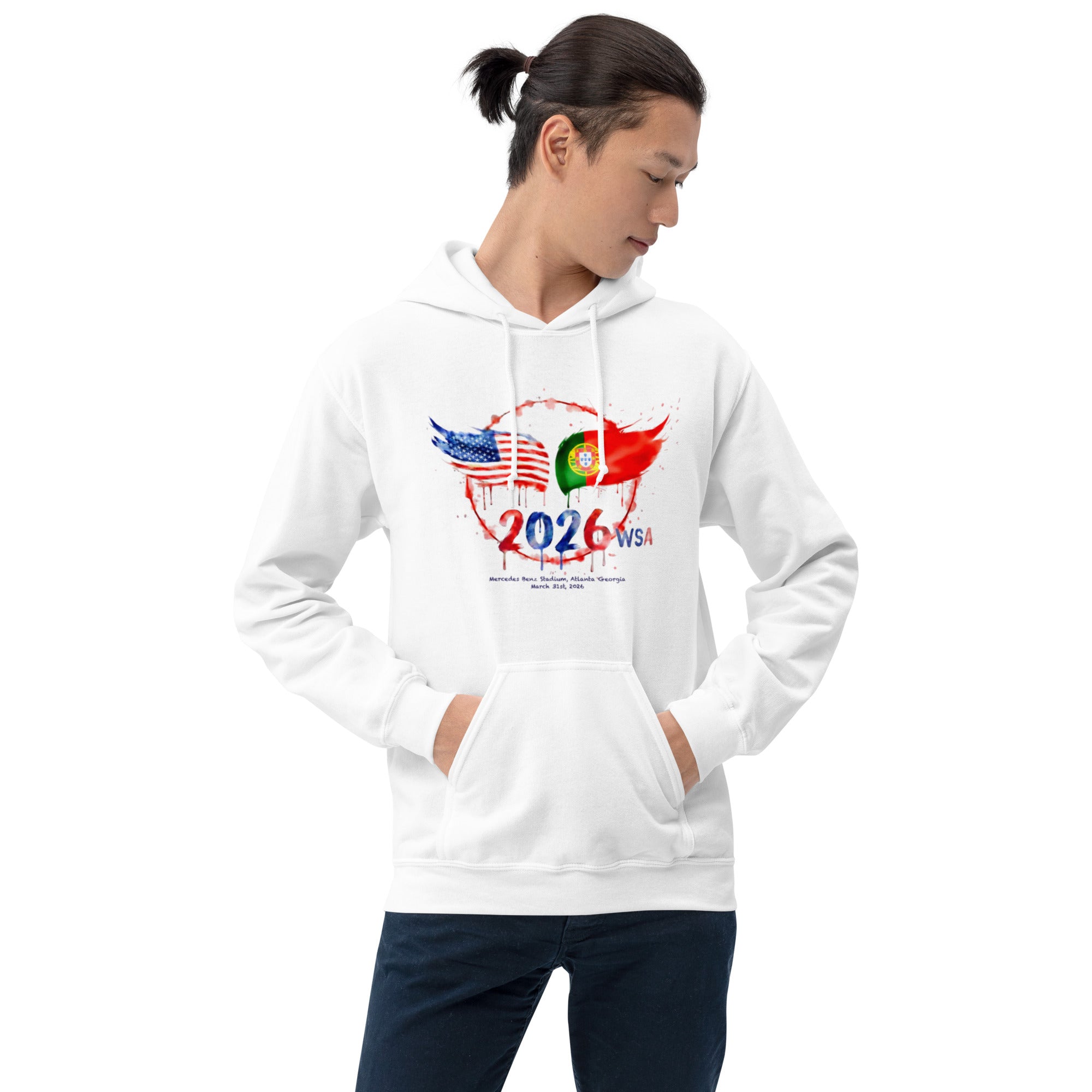 Person wearing a white hoodie with a colorful design on a white background
