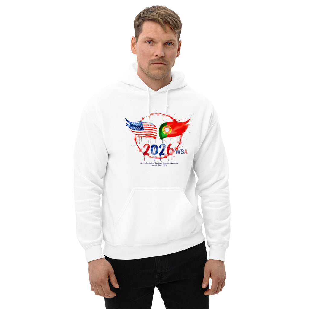 Man wearing a white hoodie with 2026 WSA design on a white background