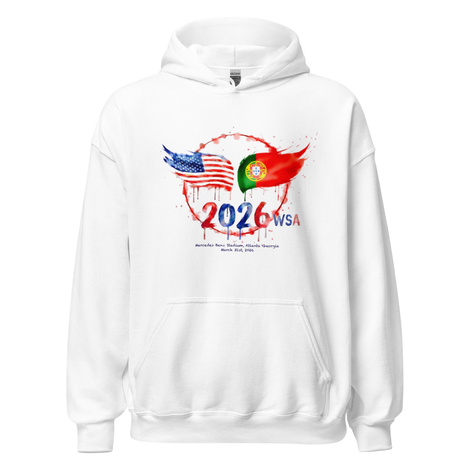 White hoodie with 2026 WSA design featuring American and Portuguese flags on a white background
