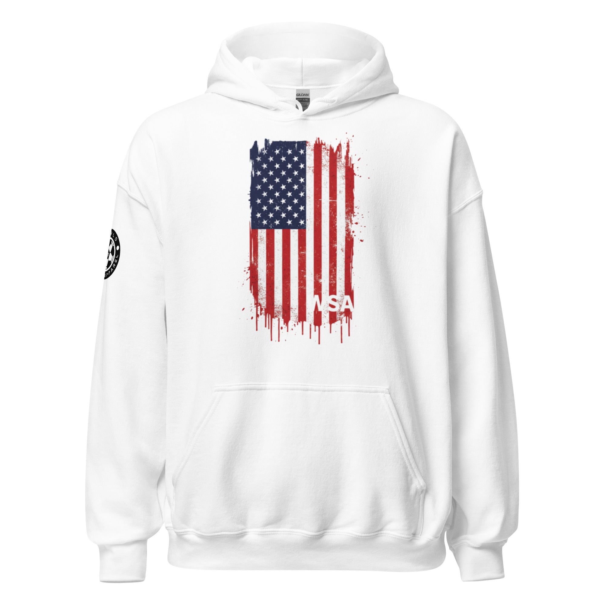 White hoodie with American flag design on a white background