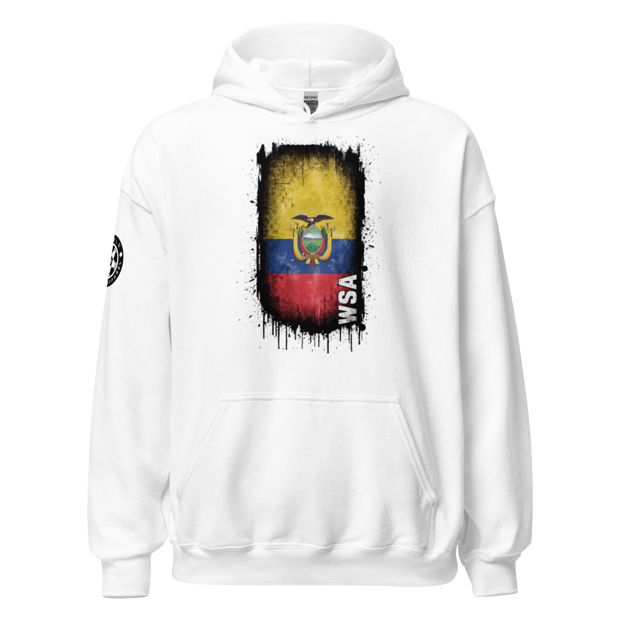 White hoodie with a colorful graphic design on a white background