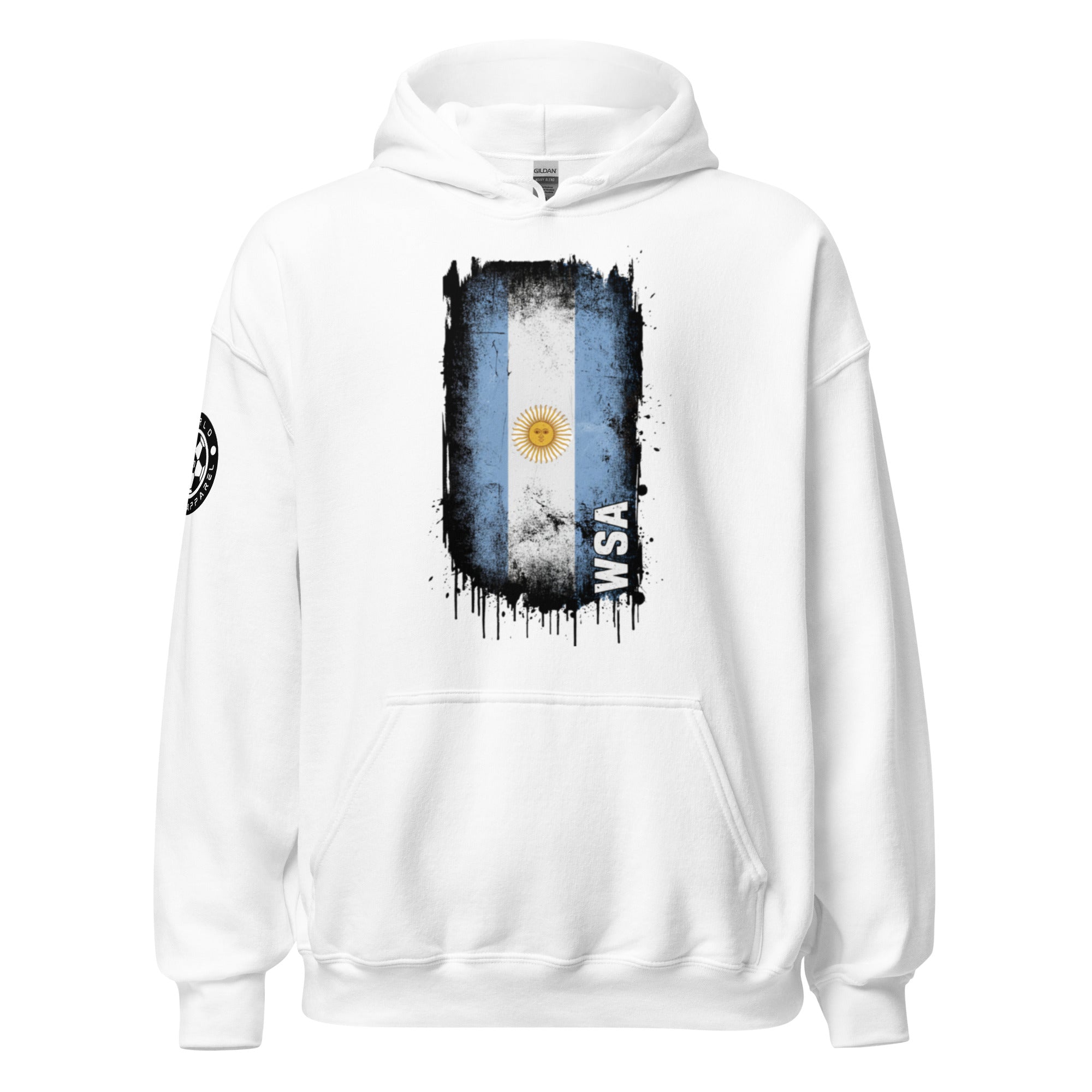 White hoodie with Argentina flag design on a white background