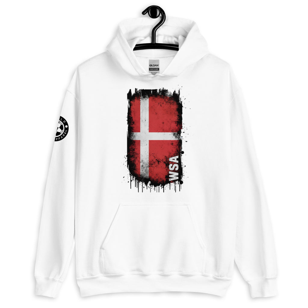 White hoodie with a red and white flag design on a hanger