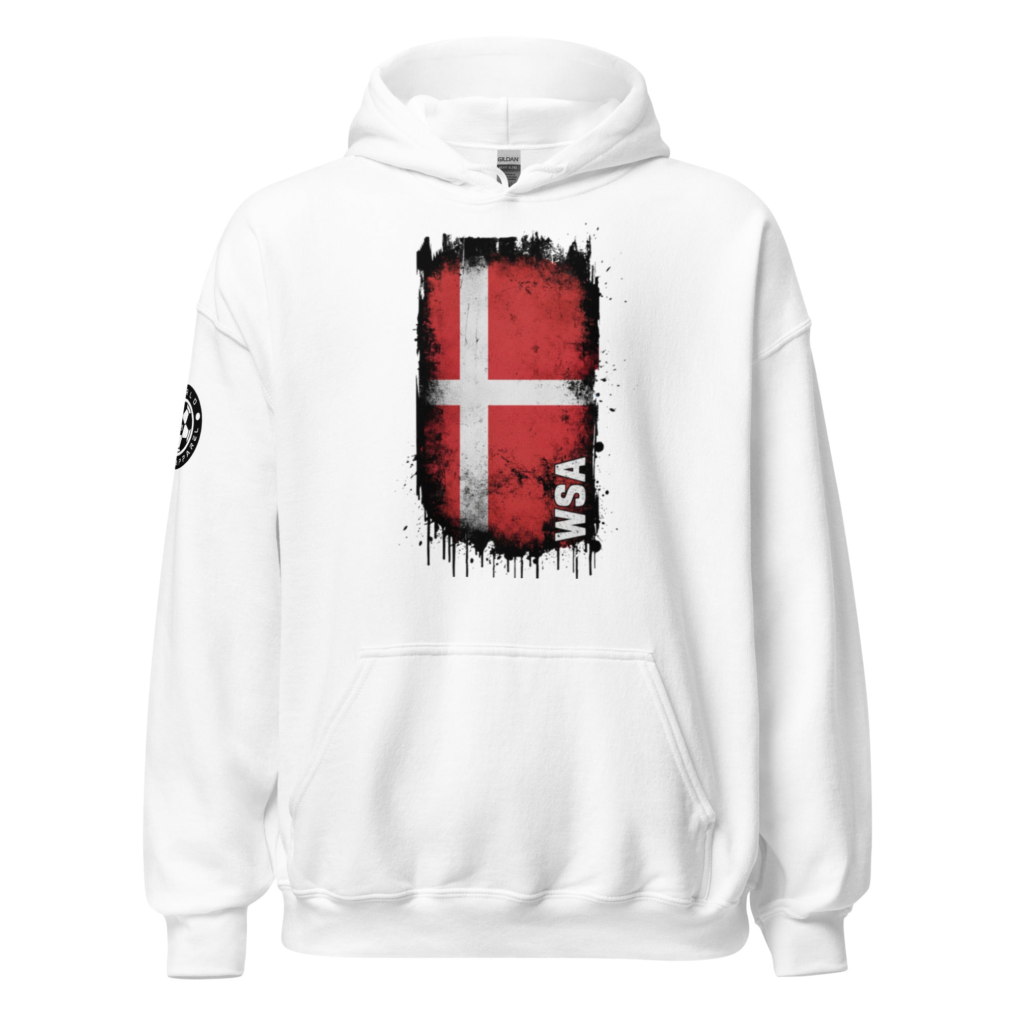 White hoodie with a Danish flag design on a white background