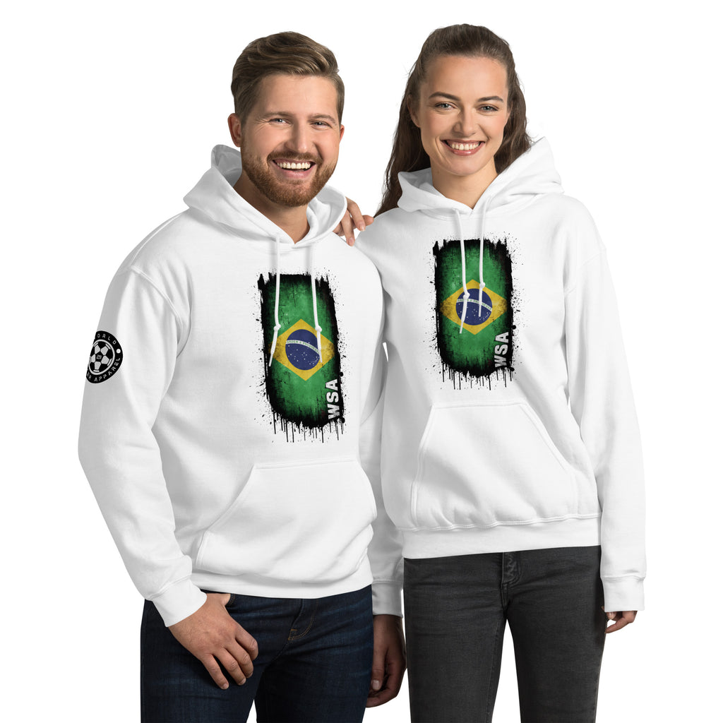 Two people wearing white hoodies with a Brazilian flag design on a white background