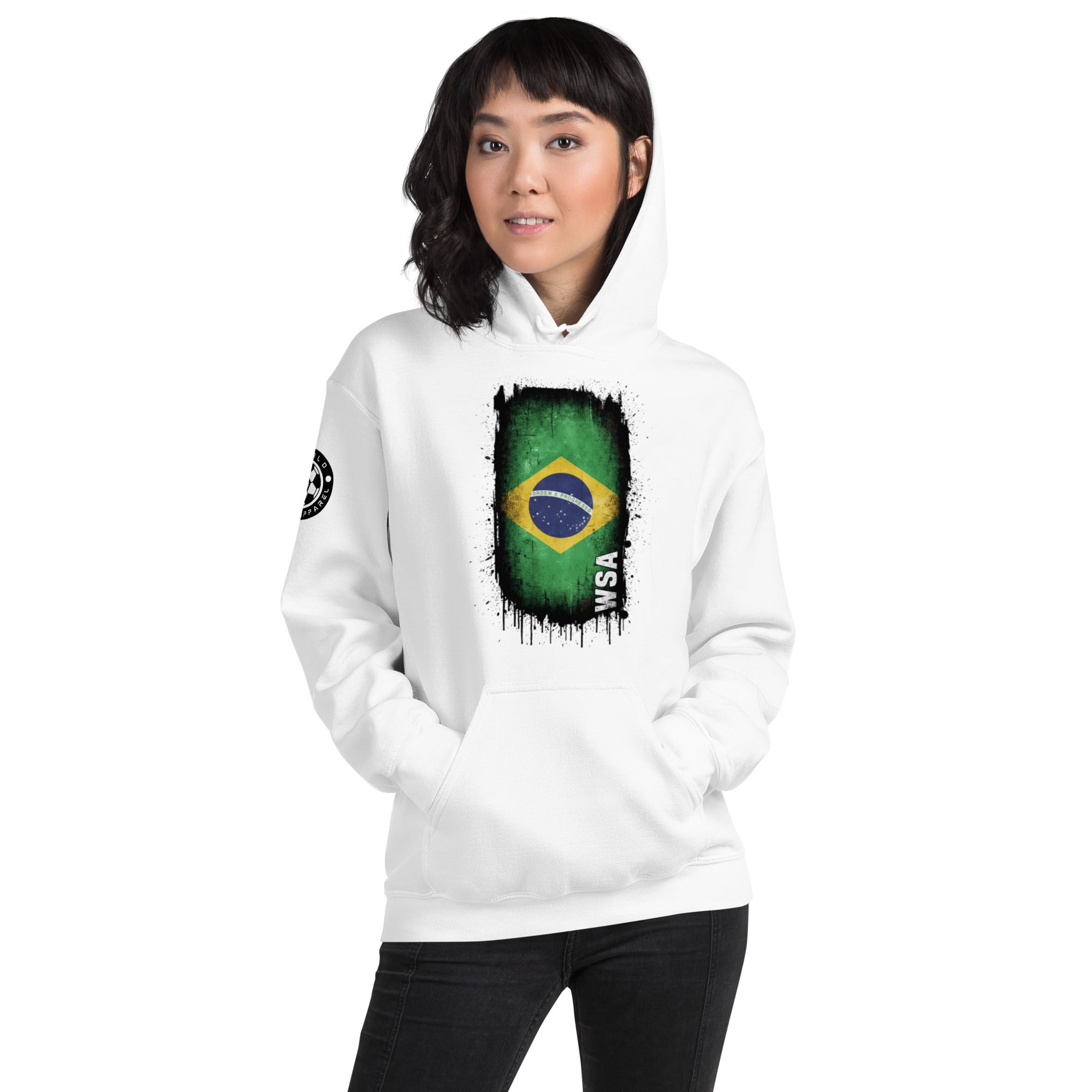 Person wearing a white hoodie with a Brazilian flag design on a white background