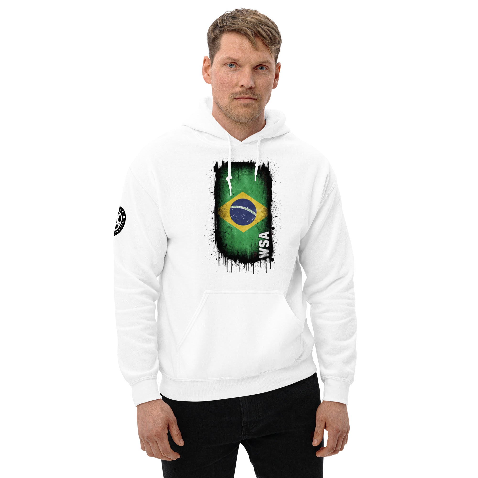 Man wearing a white hoodie with a Brazilian flag design on a white background