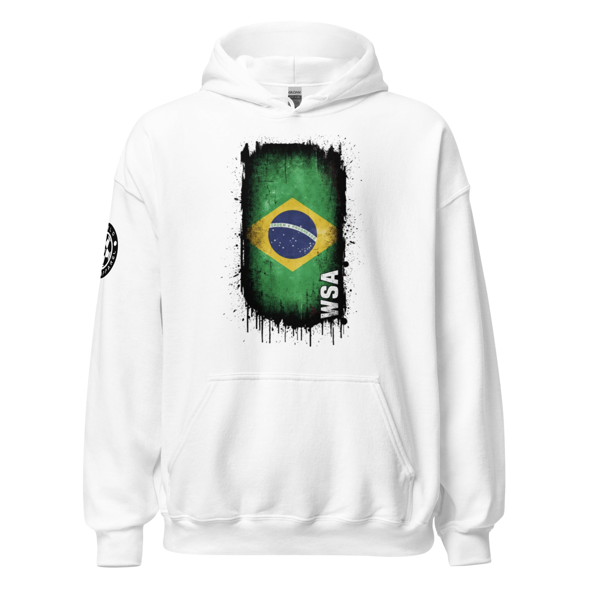 White hoodie with Brazilian flag design on a white background