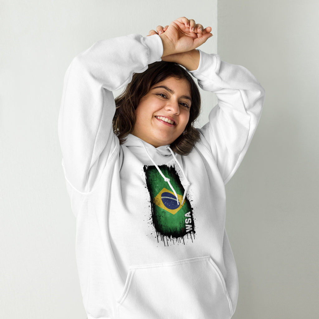 Person wearing a white hoodie with a Brazilian flag design on a plain background
