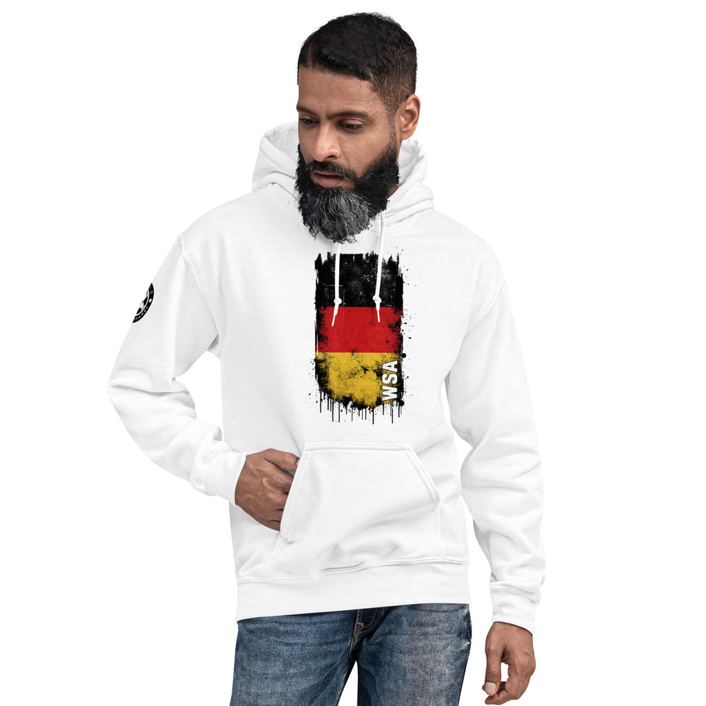 Man wearing a white hoodie with a graphic design on a white background