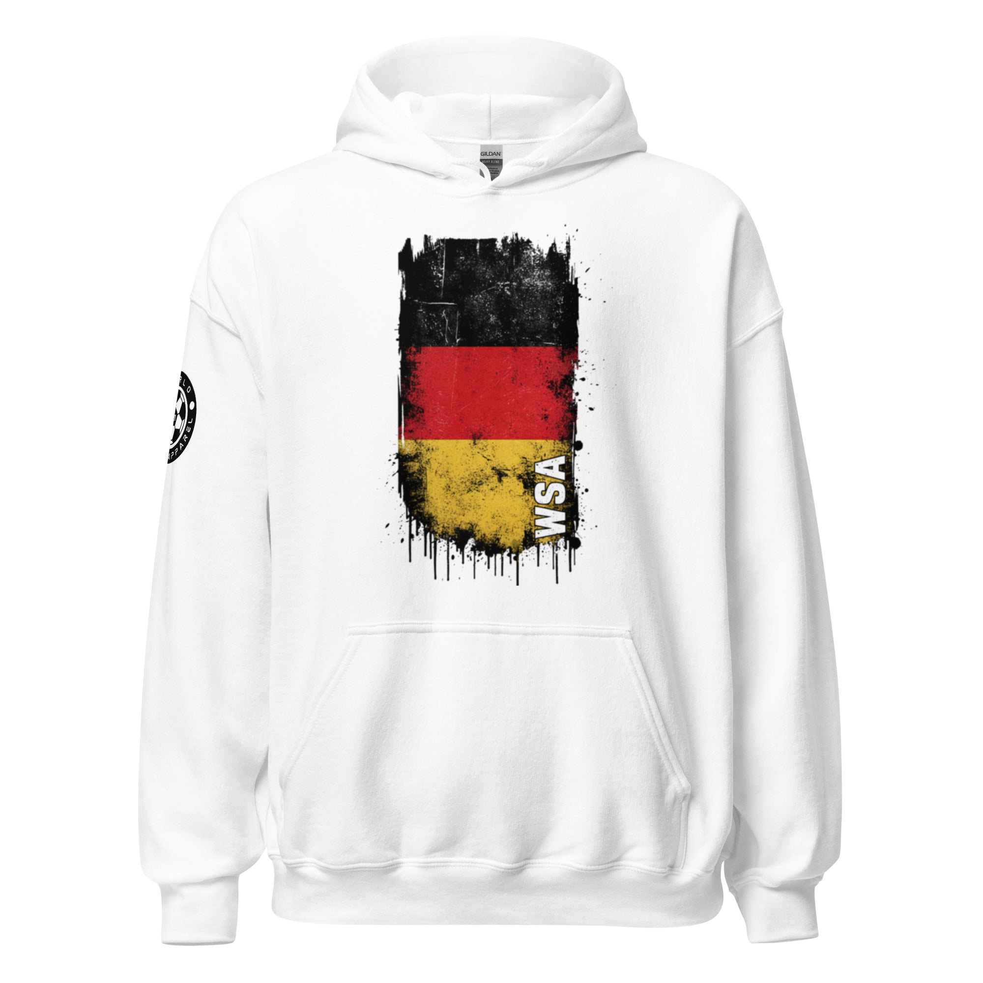 White hoodie with a graphic design on the chest and sleeve, featuring red, yellow, and black colors.