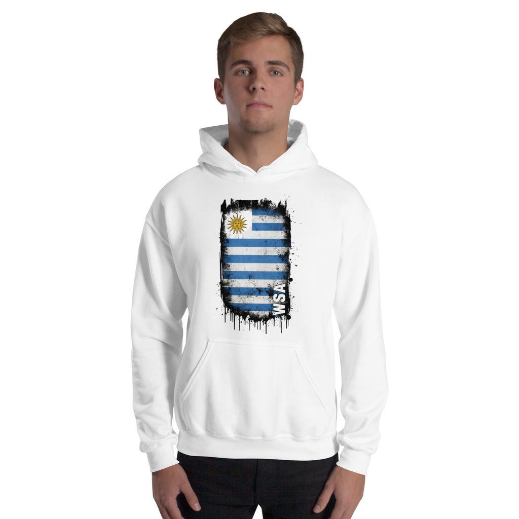 Person wearing a white hoodie with a flag design on a white background