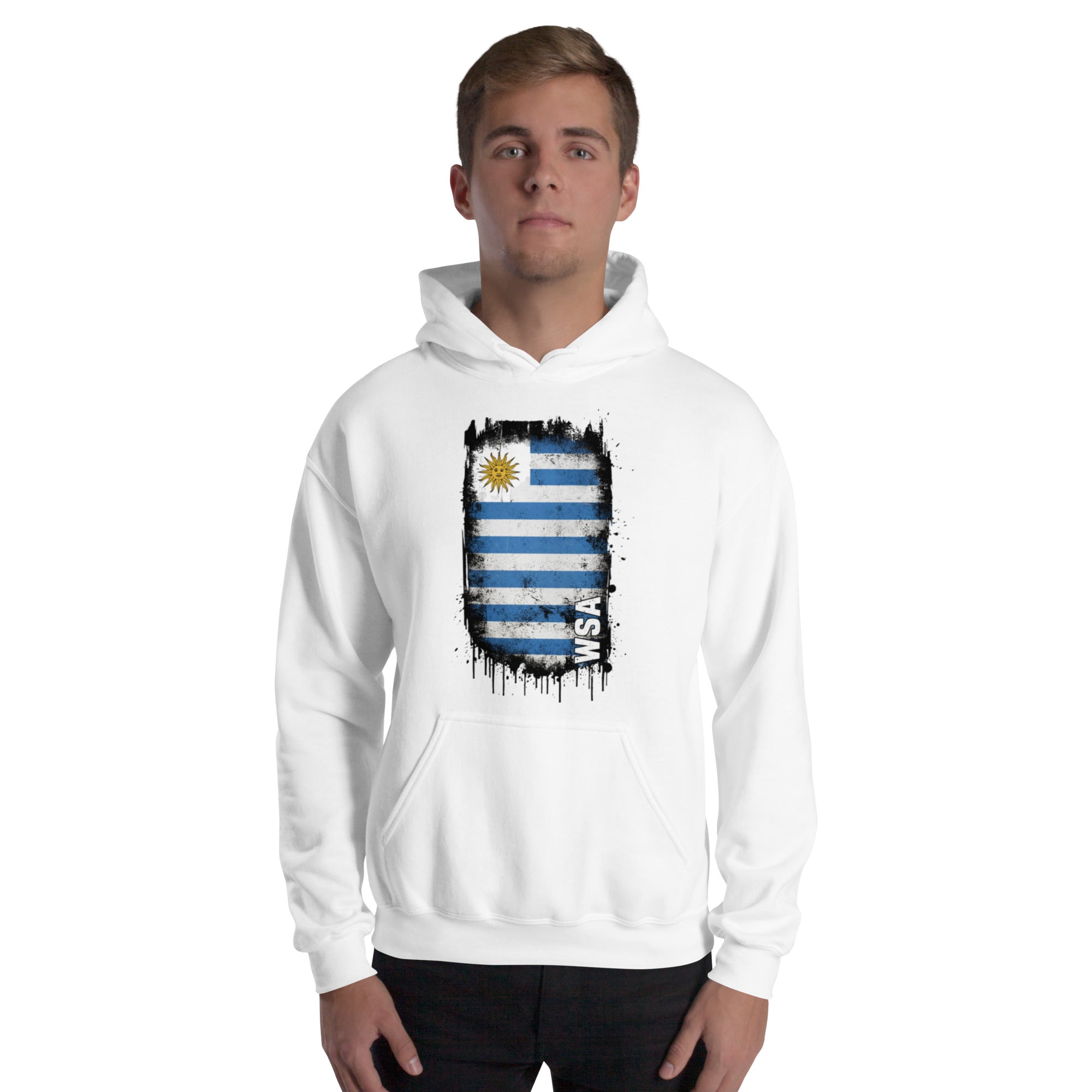 Person wearing a white hoodie with a flag design on a white background