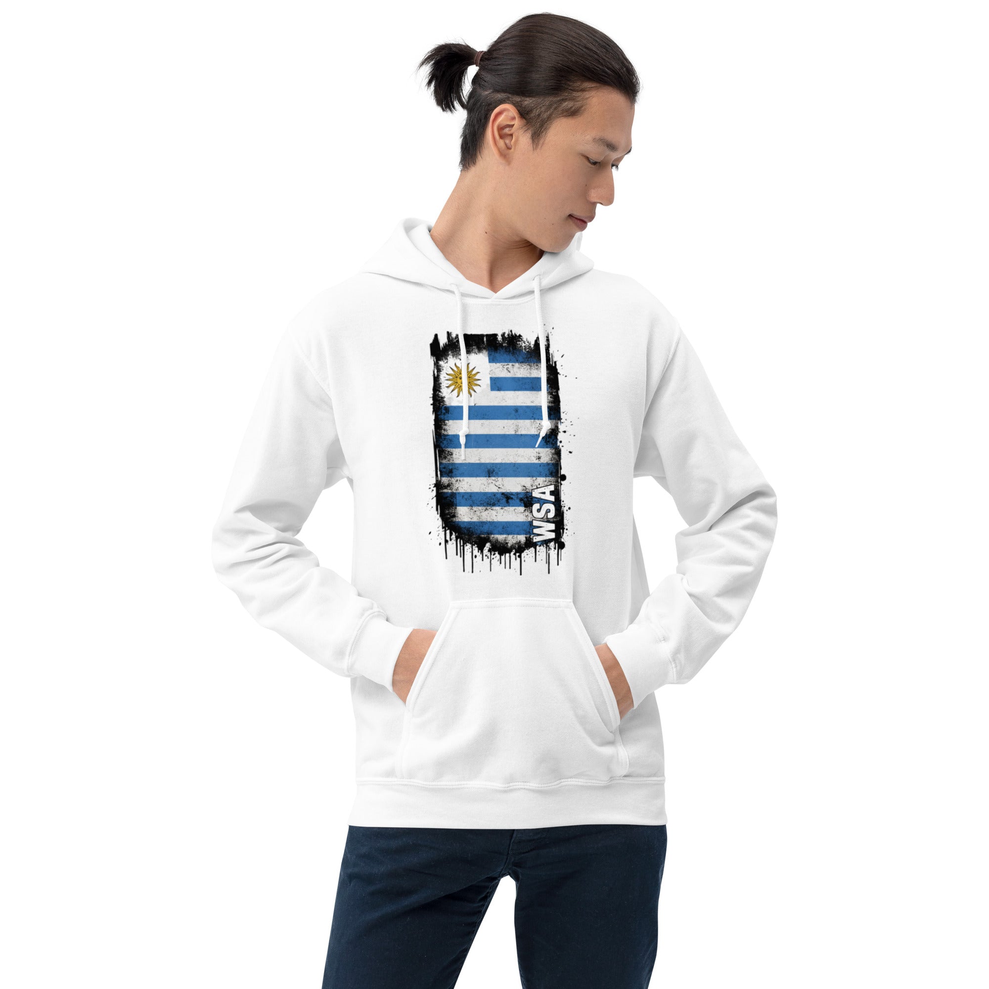 Person wearing a white hoodie with a flag design on a white background