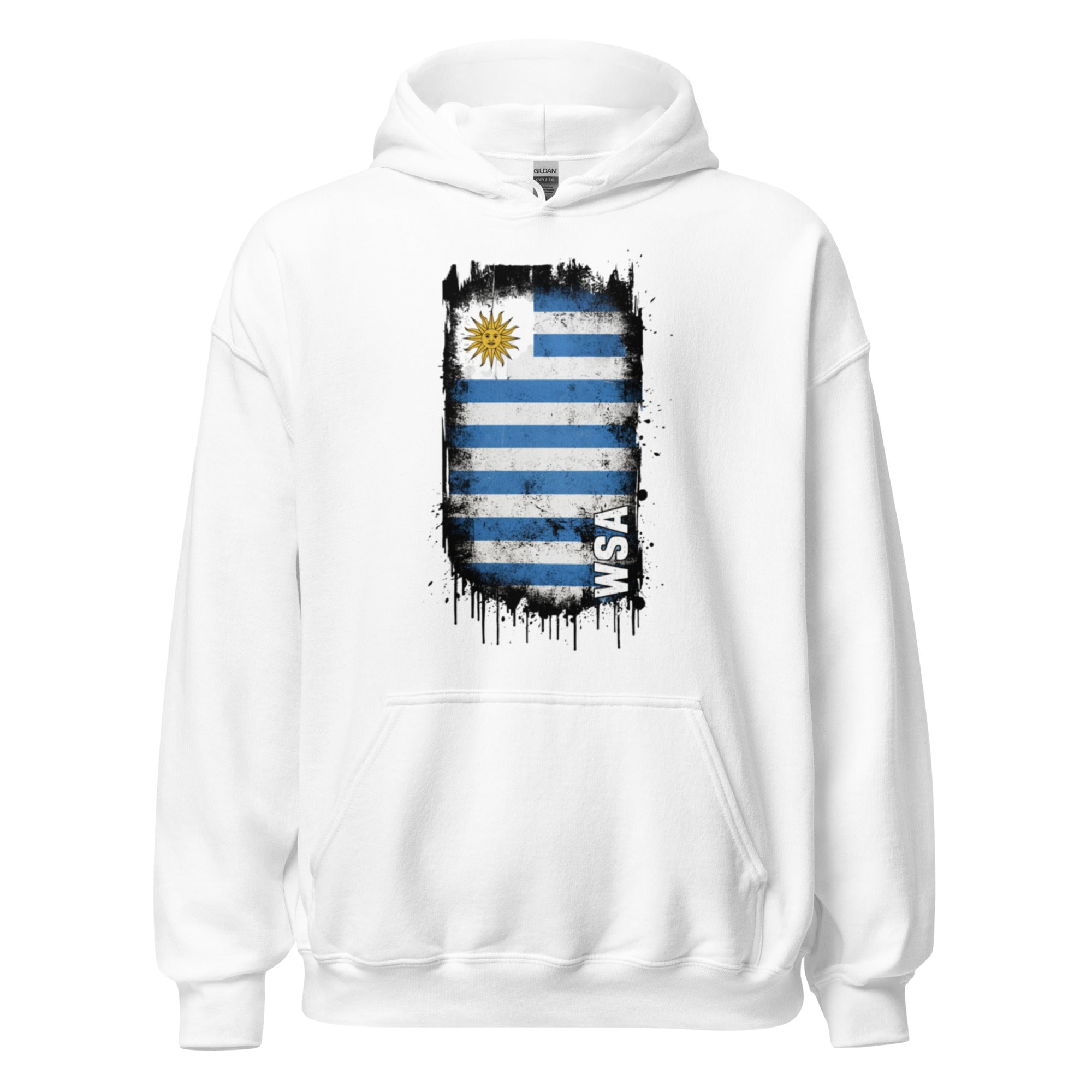 White hoodie with a flag design on a white background