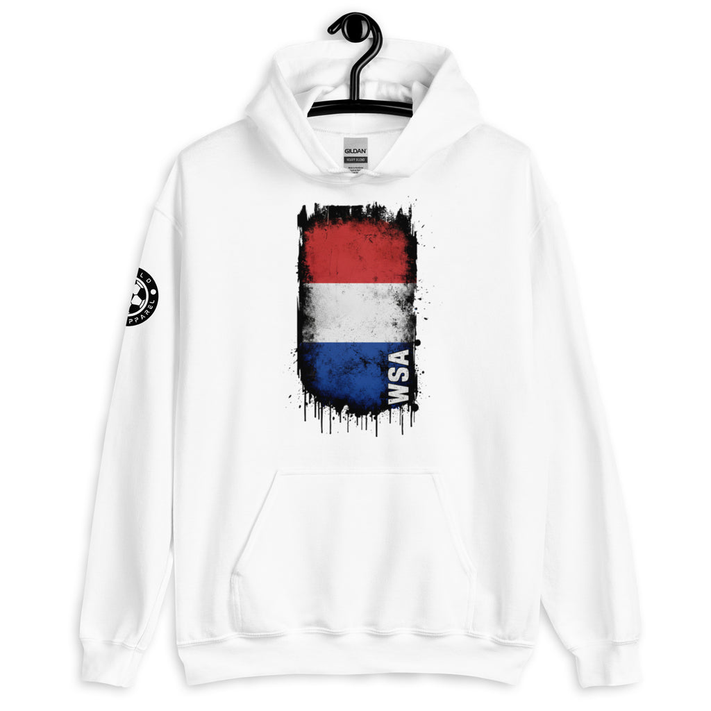 White hoodie with a flag design on a hanger against a white background