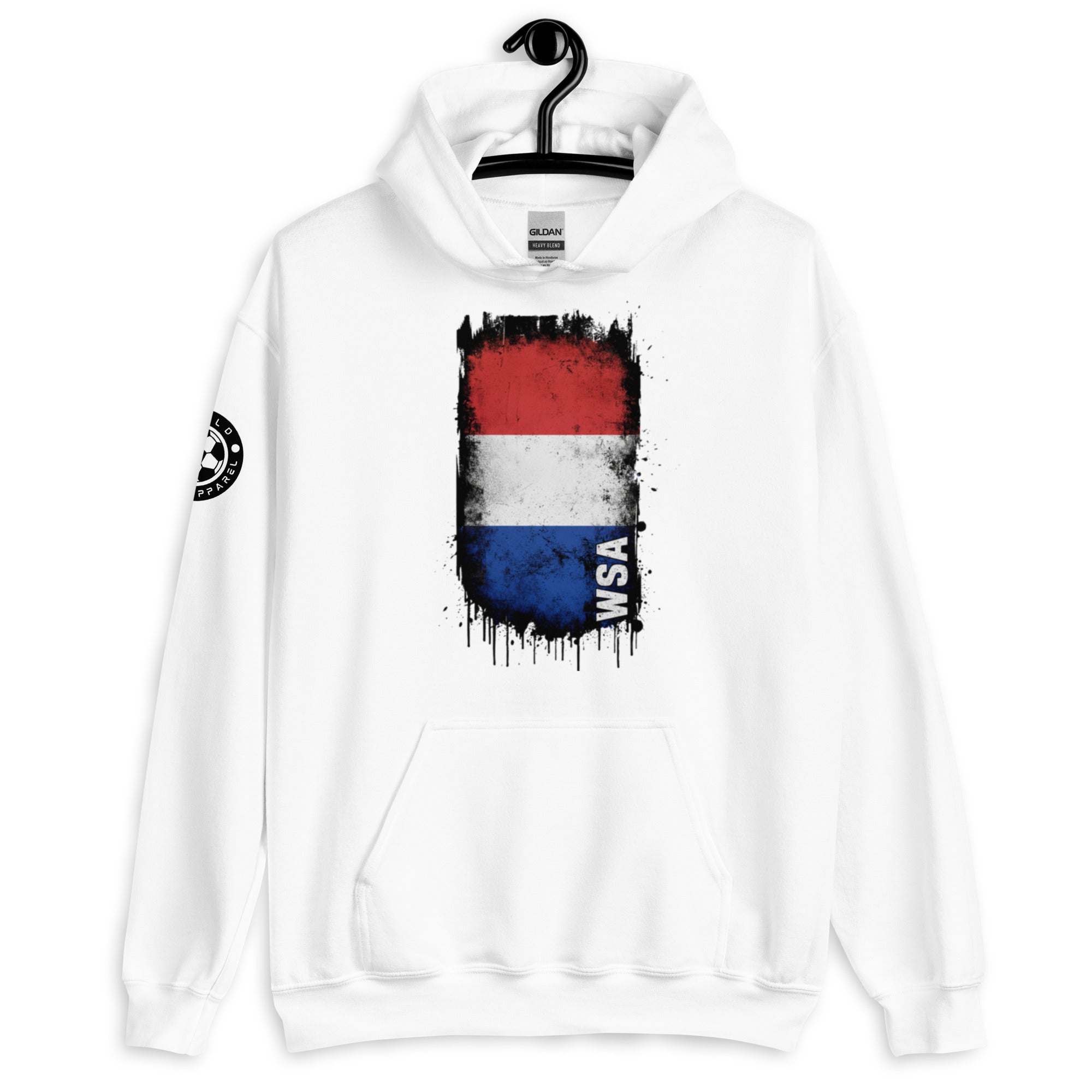White hoodie with a flag design on a hanger against a white background