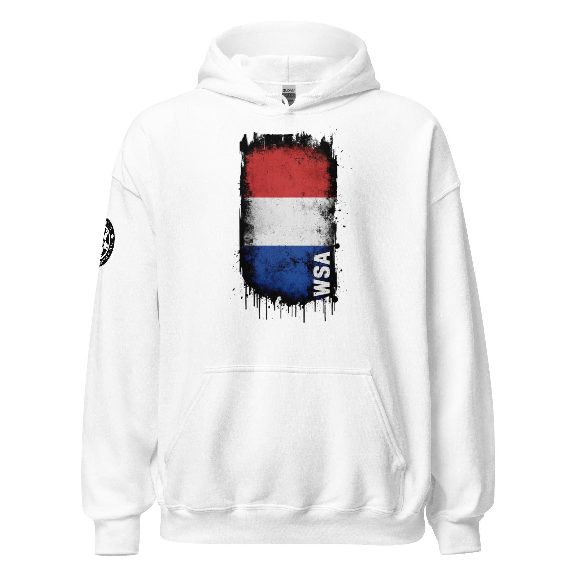 White hoodie with a colorful graphic design on the chest against a white background