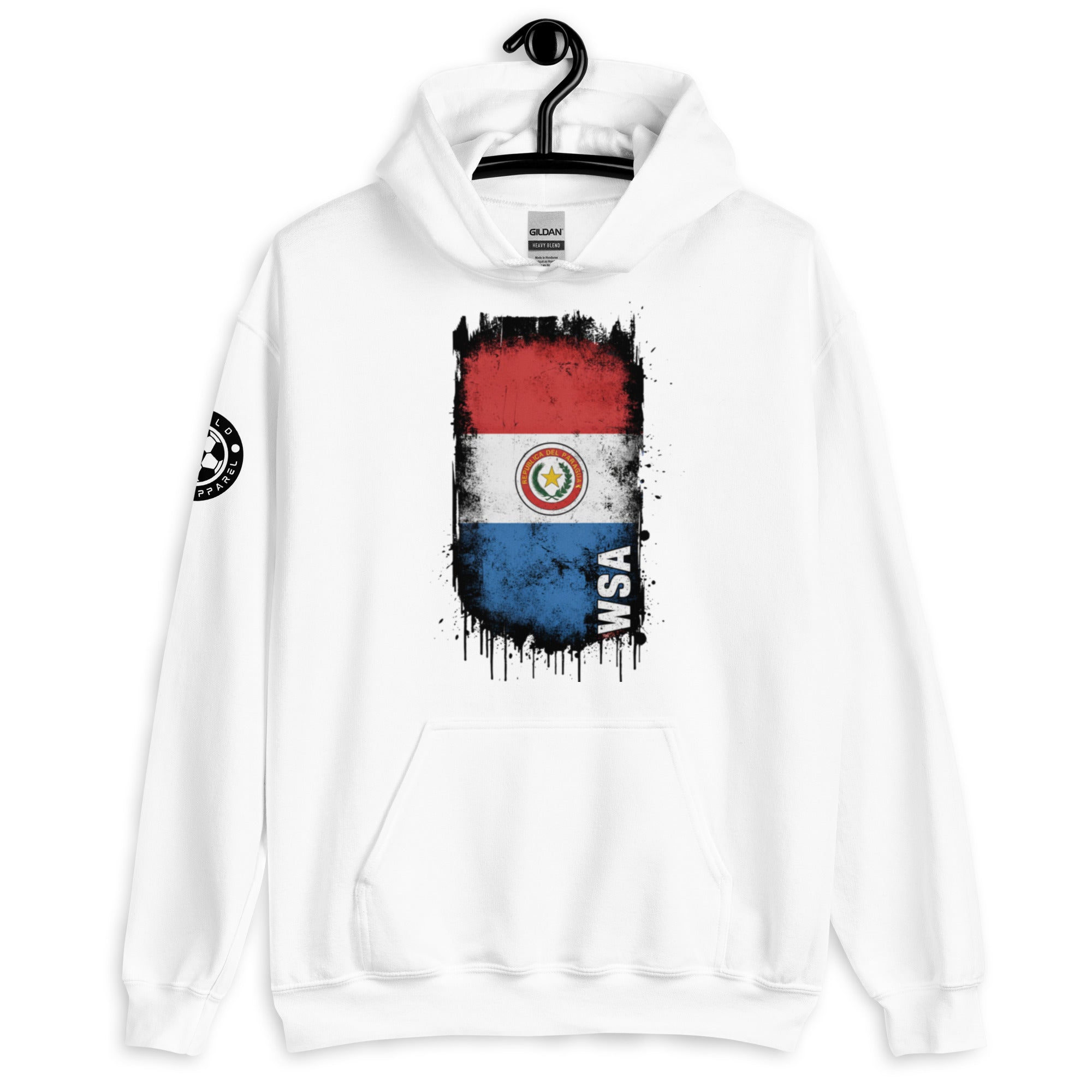 White hoodie with Paraguayan flag design on a hanger