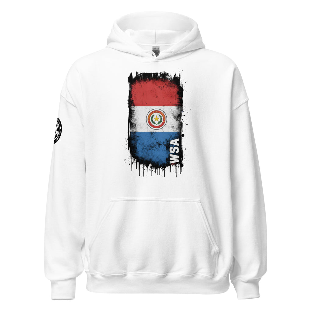 White hoodie with Paraguayan flag design on a white background
