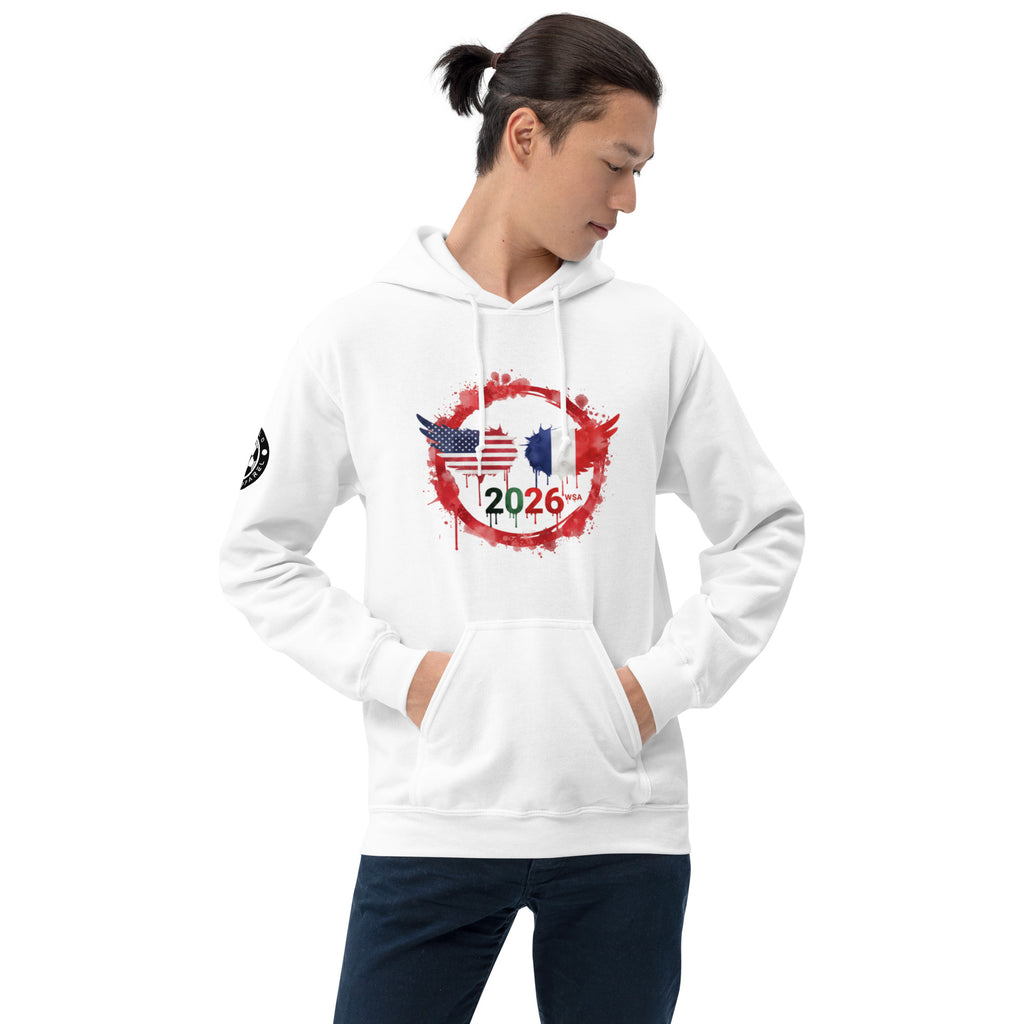 Person wearing a white hoodie with a design featuring the number 2026 on a white background