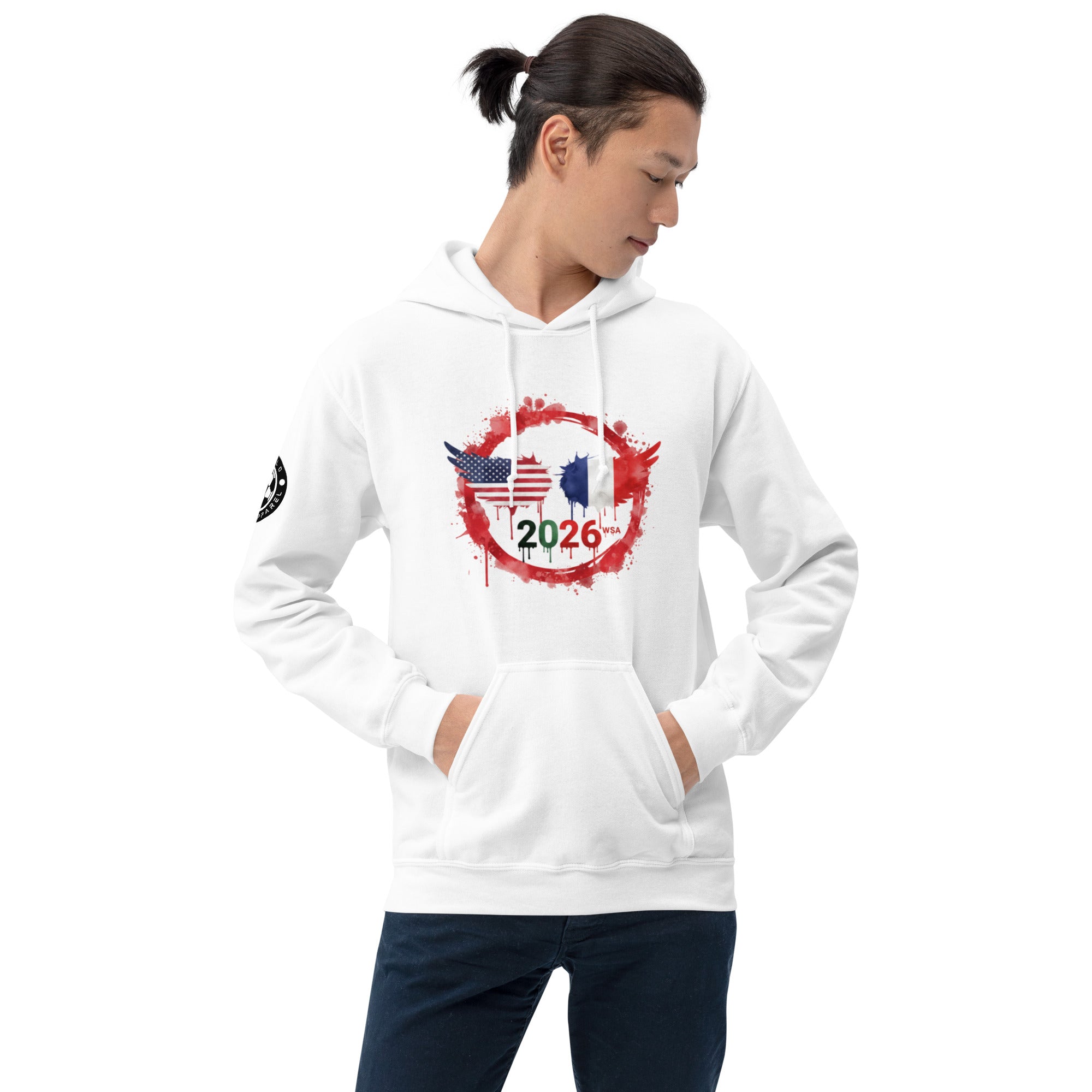 Person wearing a white hoodie with a design featuring the number 2026 on a white background