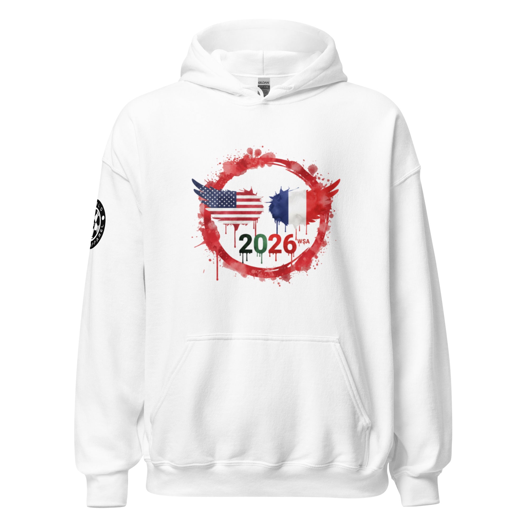 White hoodie with 2026 World Cup design on a white background