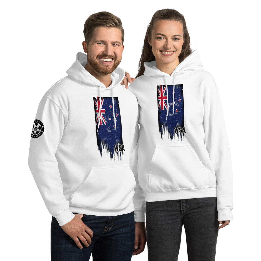 Two people wearing white hoodies with a design of a flag and text on a white background