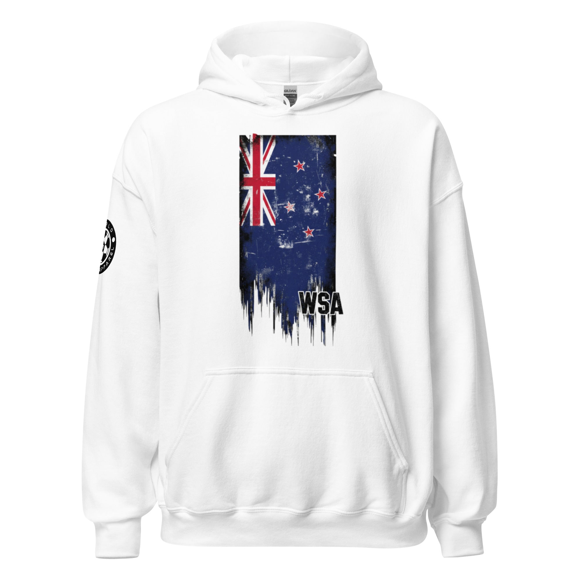 White hoodie with New Zealand flag design on a white background