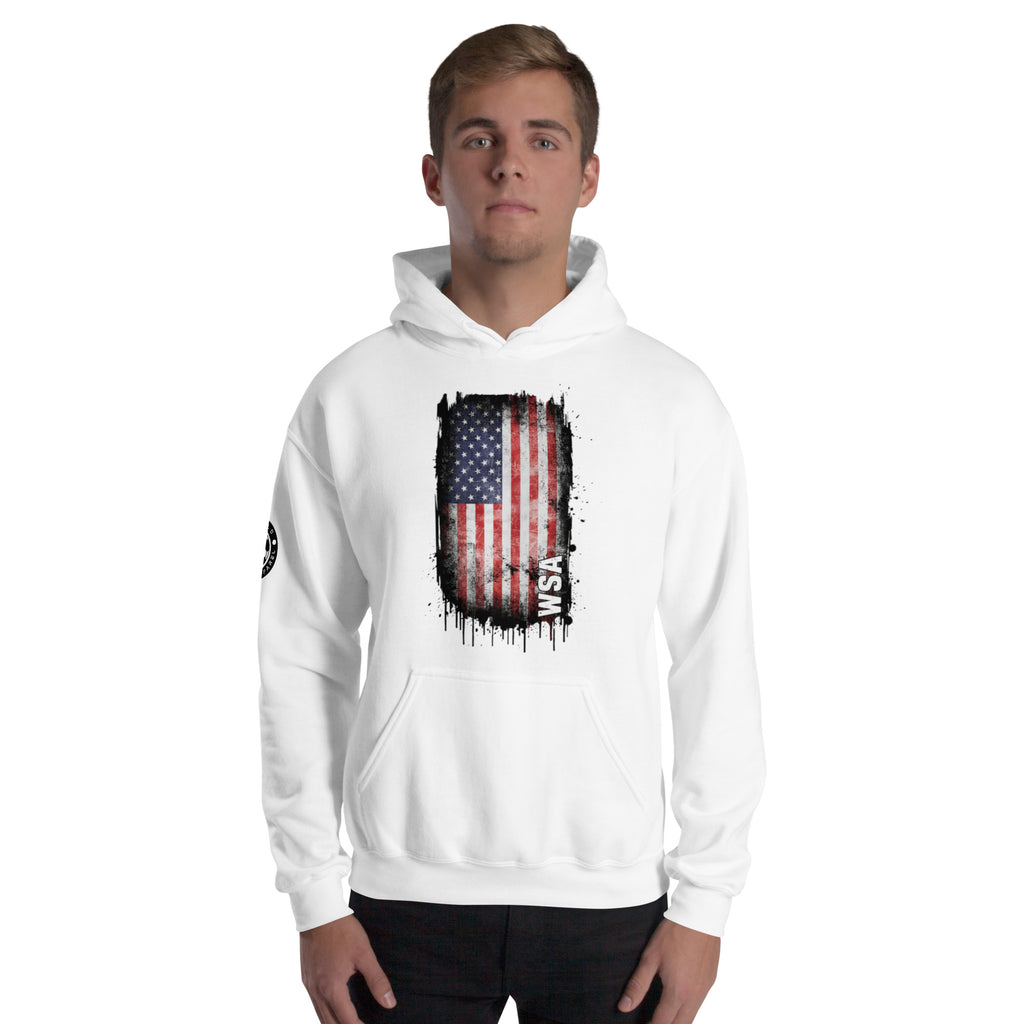 Person wearing a white hoodie with an American flag design on a white background