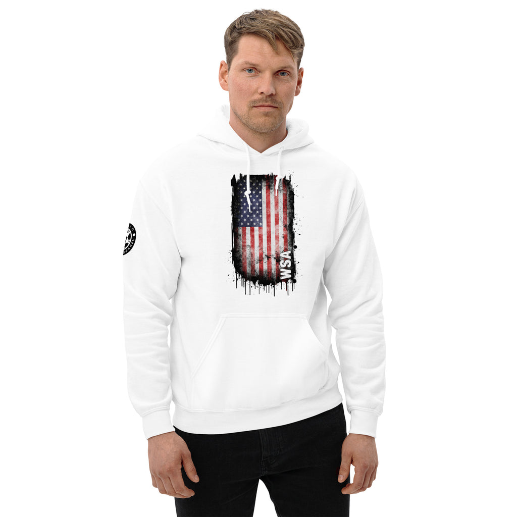 Man wearing a white hoodie with an American flag design on a white background