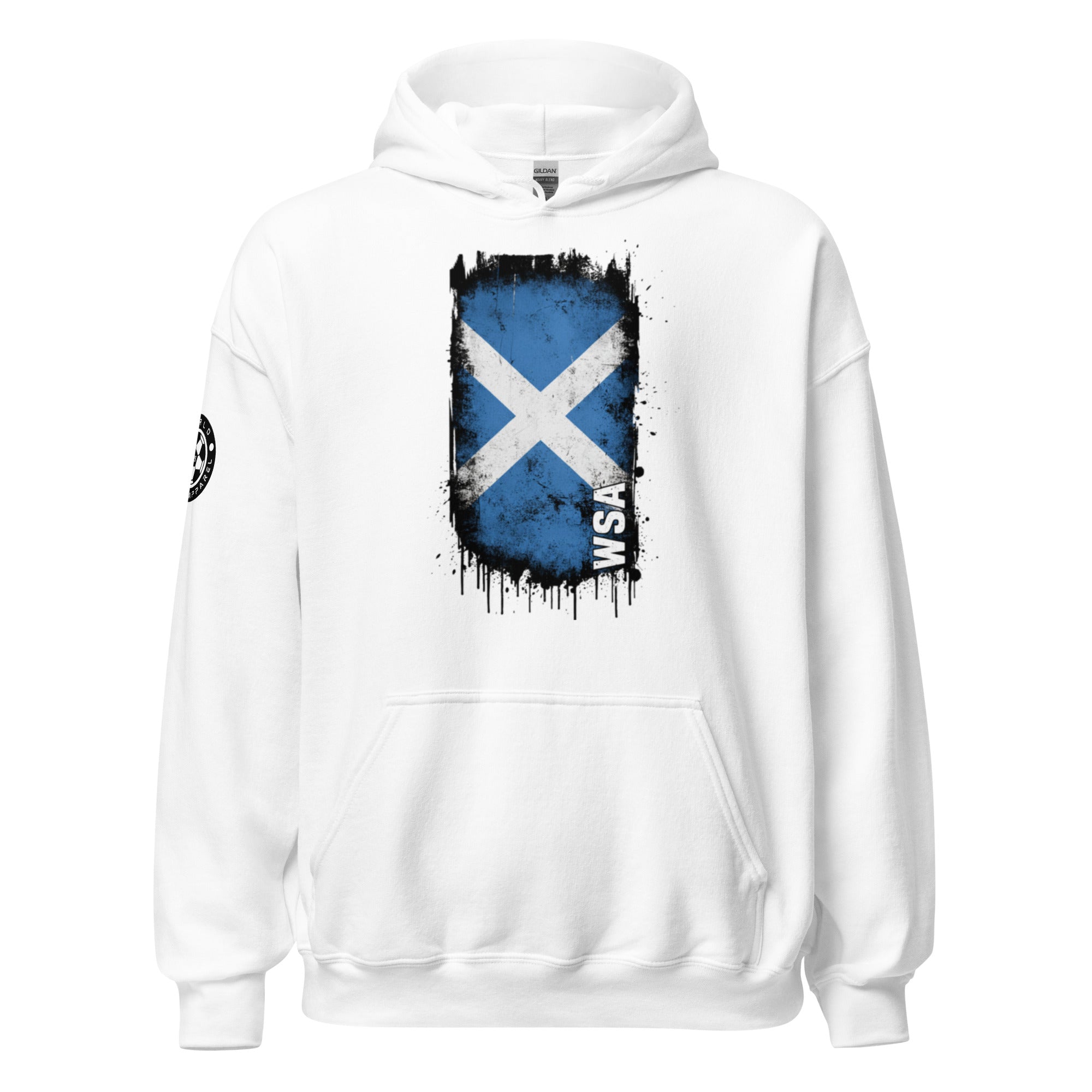 White hoodie with a blue and white flag design on a white background