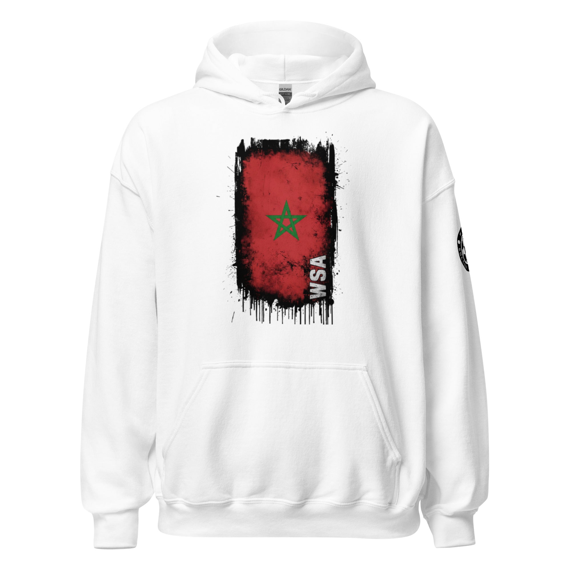 White hoodie with a red and black graphic design on a white background