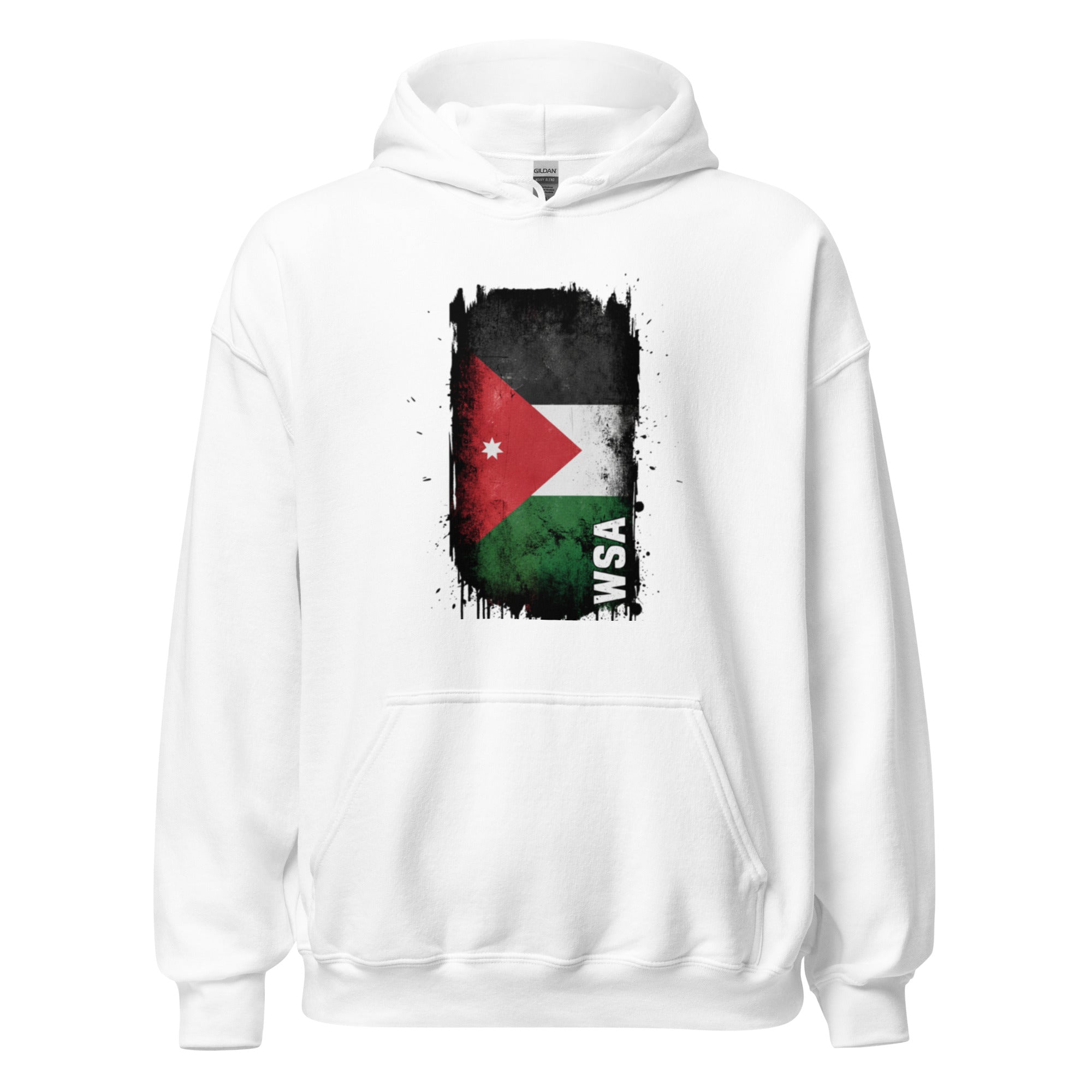 White hoodie with a flag design on a white background