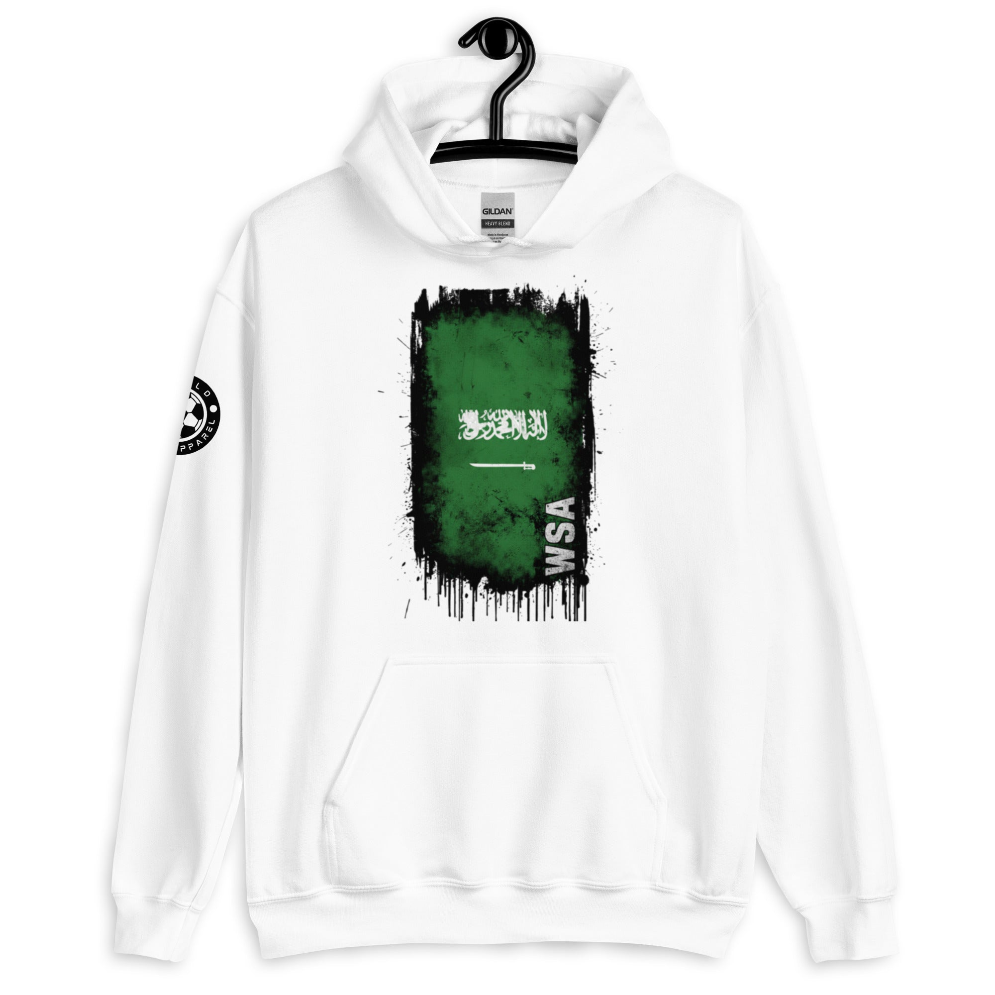 White hoodie with green graphic and 'WSA' text on a hanger against a white background