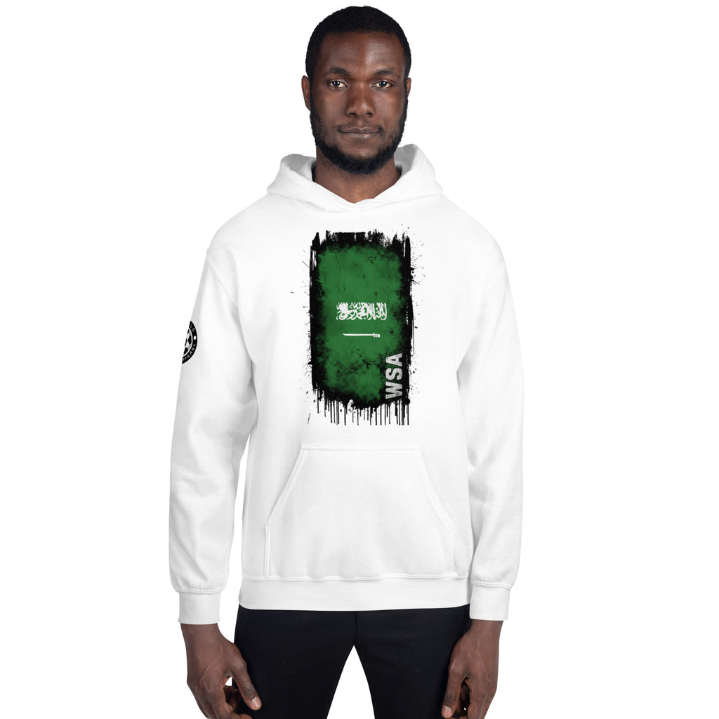 Person wearing a white hoodie with a green graphic design on a white background