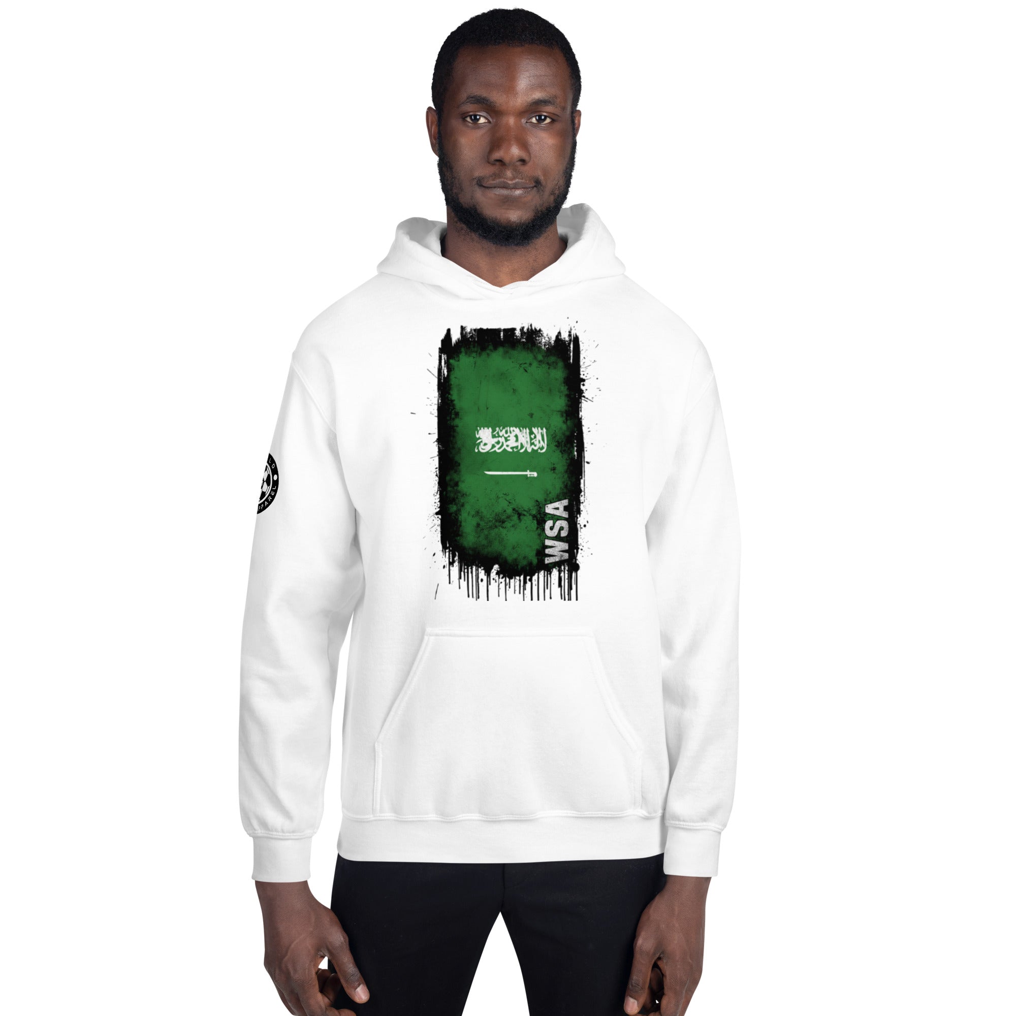 Person wearing a white hoodie with a green graphic design on a white background