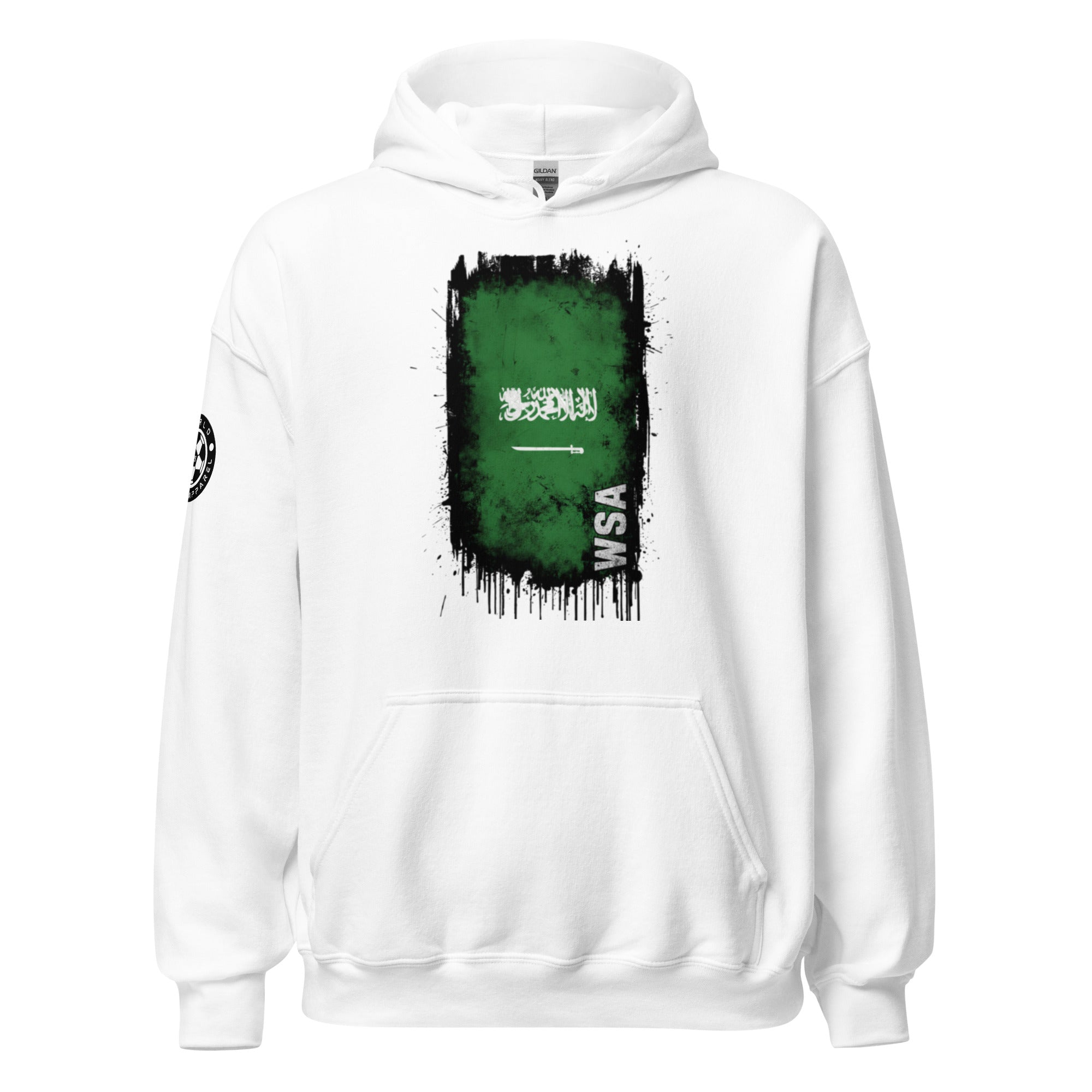 White hoodie with green graphic and text on a white background