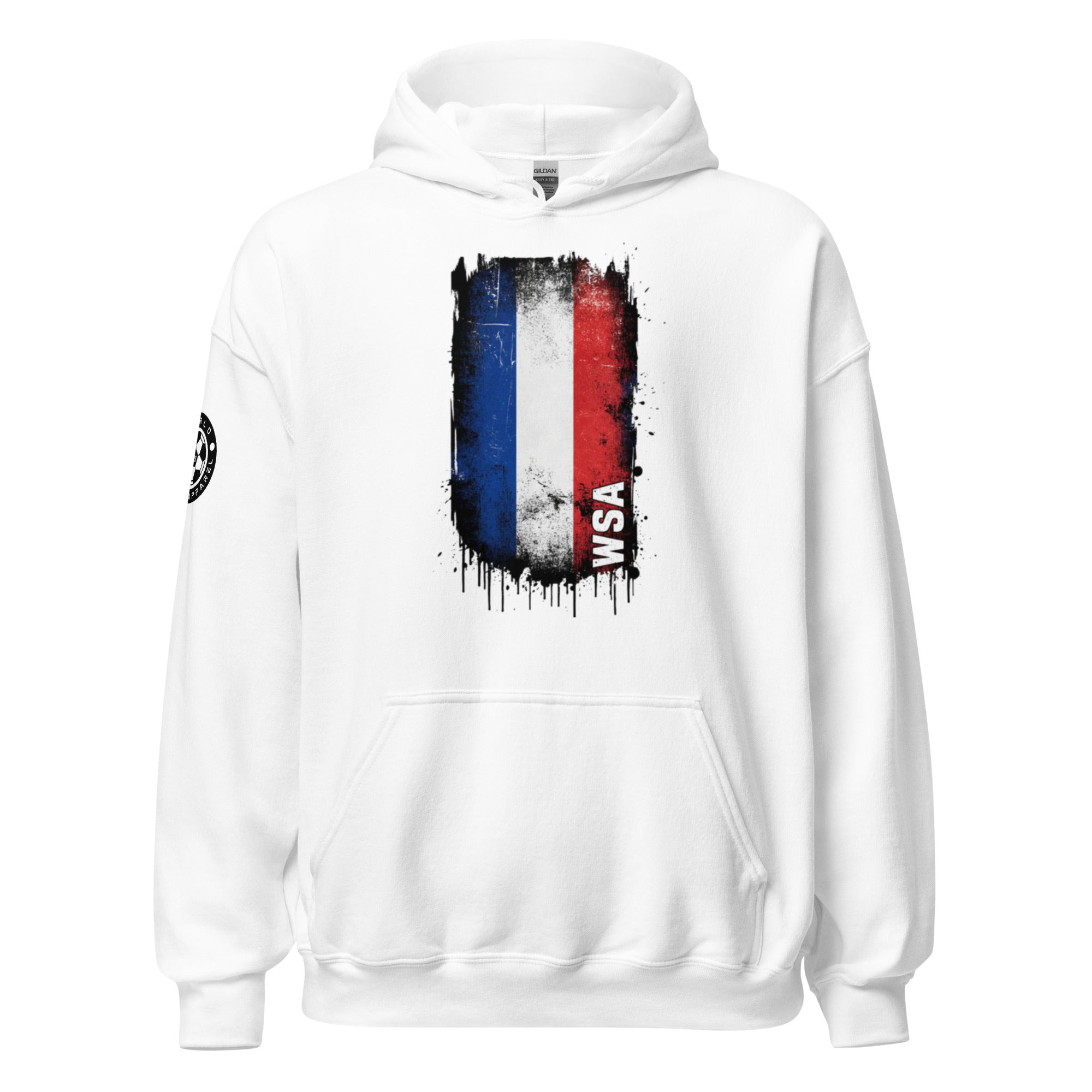 White hoodie with a colorful graphic design on a white background
