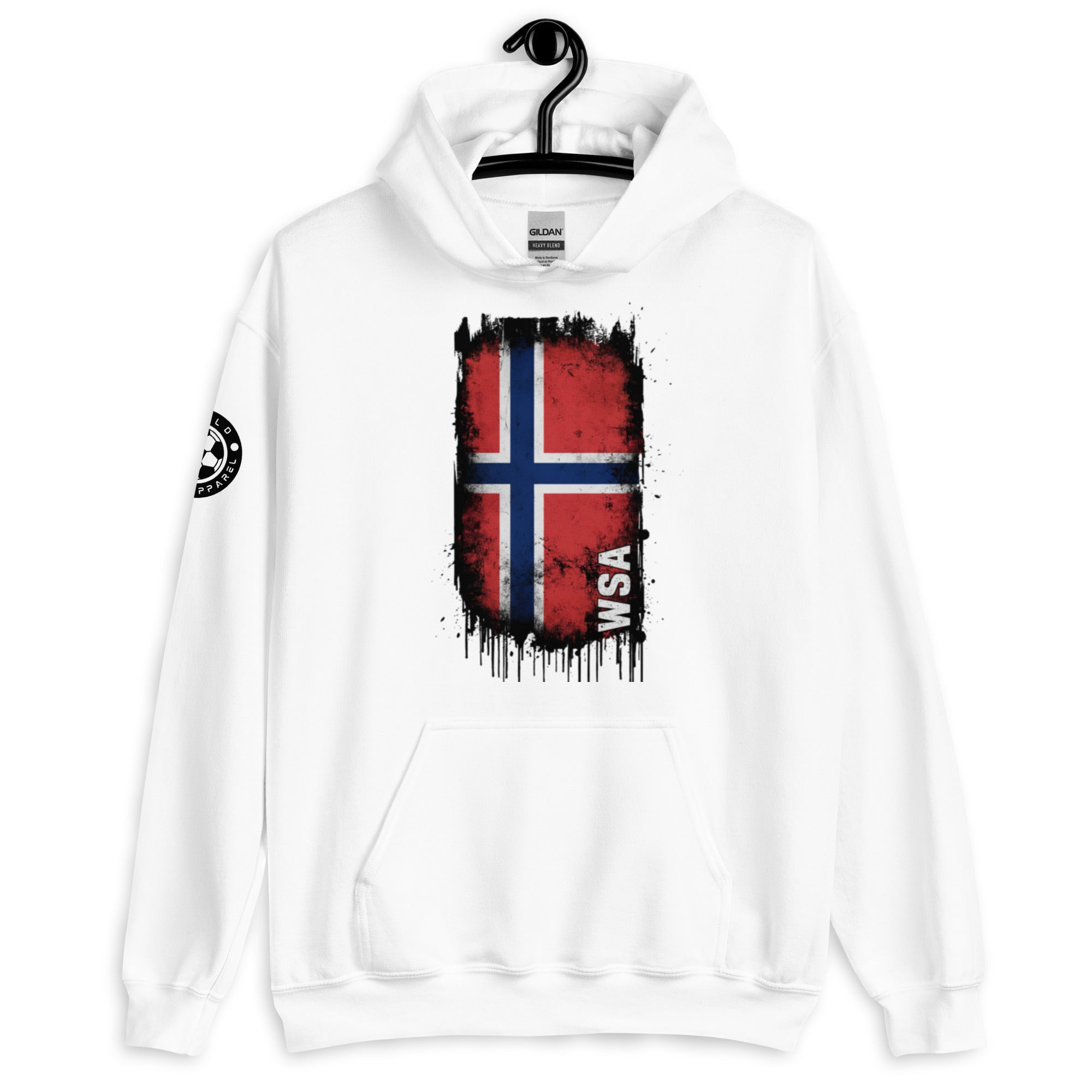 White hoodie with a red and blue flag design on a hanger against a white background