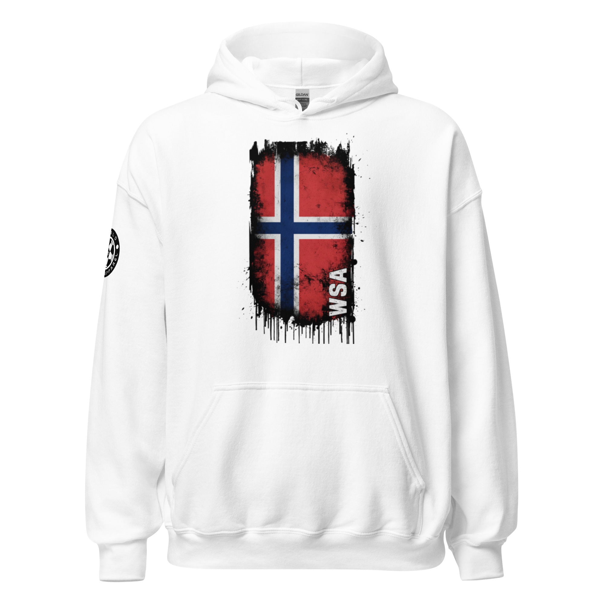 White hoodie with a flag design on the chest against a white background