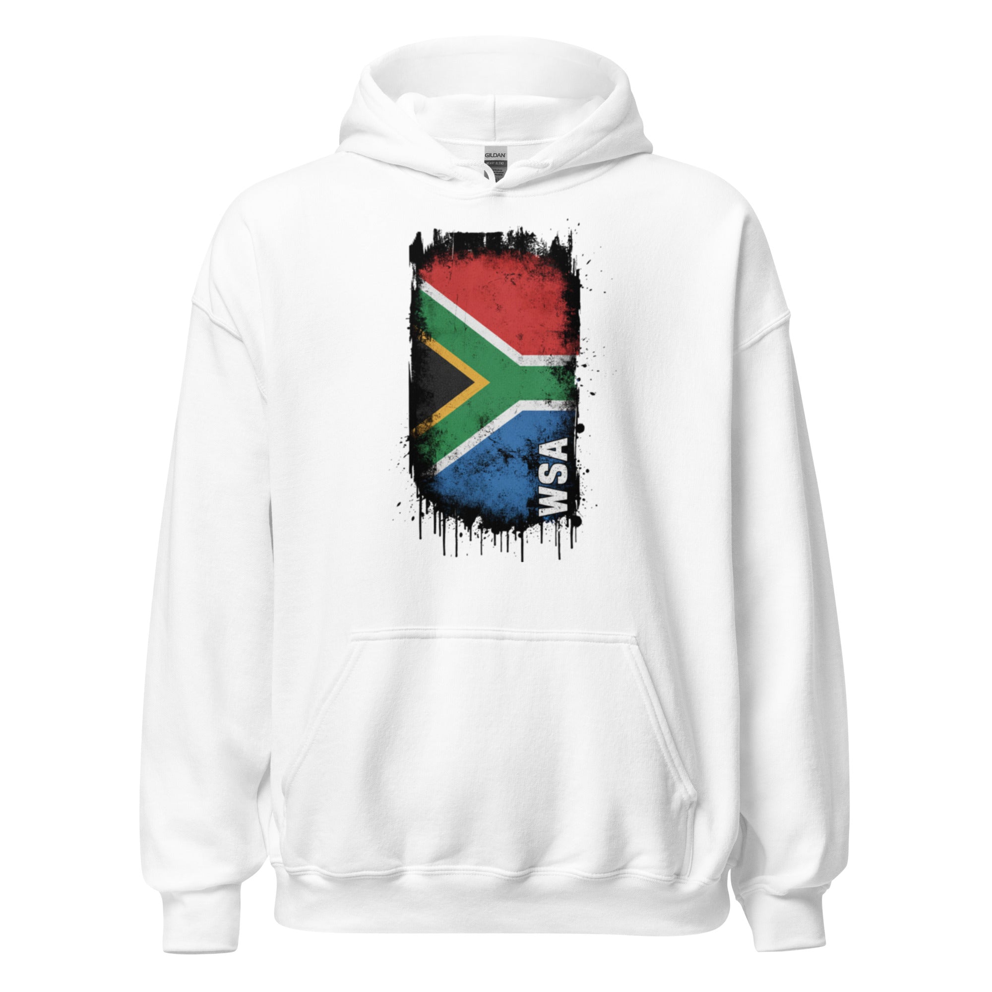 White hoodie with South African flag design on a white background