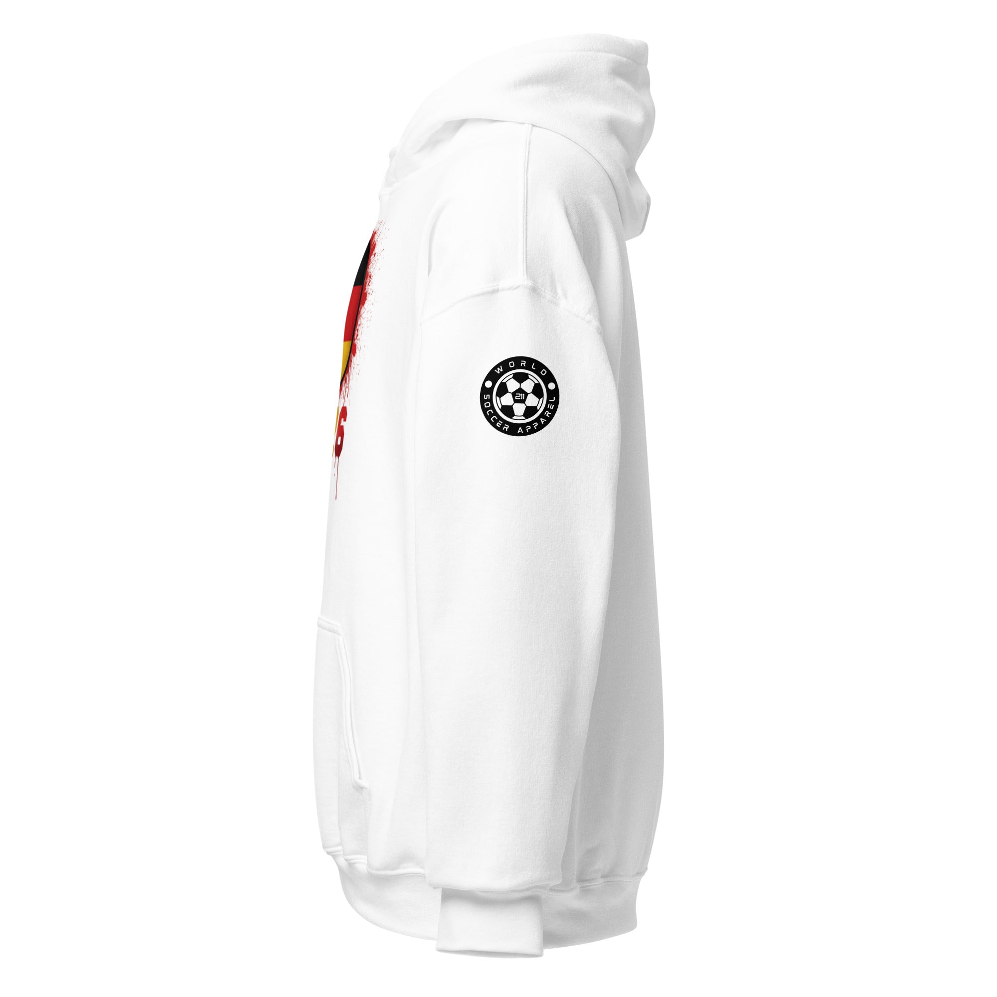 White hoodie with a logo on the chest against a white background