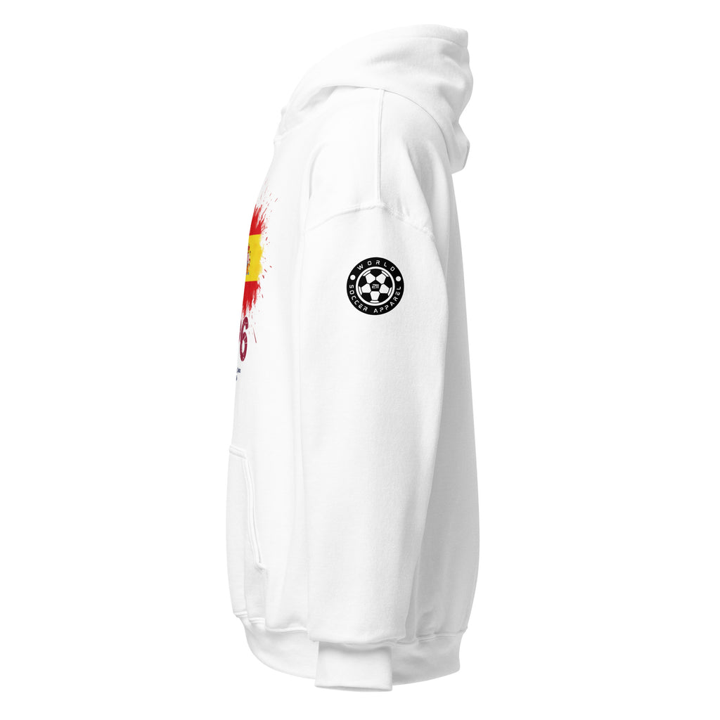 White hoodie with a logo on the chest and colorful design on the sleeve against a white background