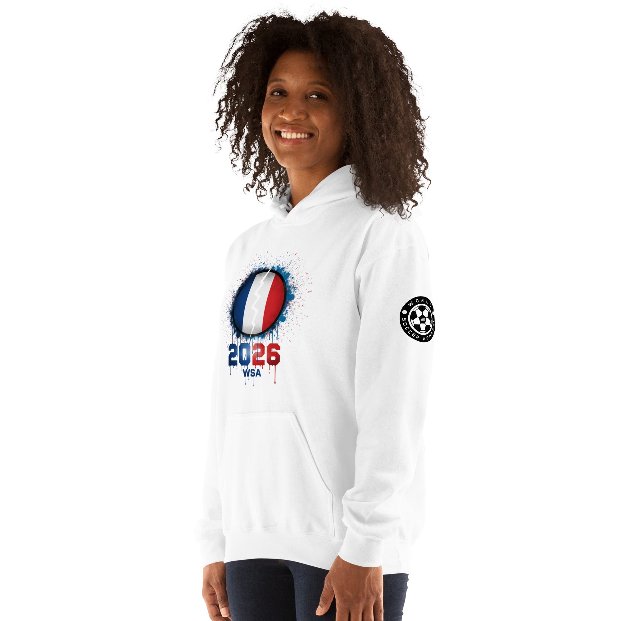 Person wearing a white hoodie with 2026 WSA logo on a white background