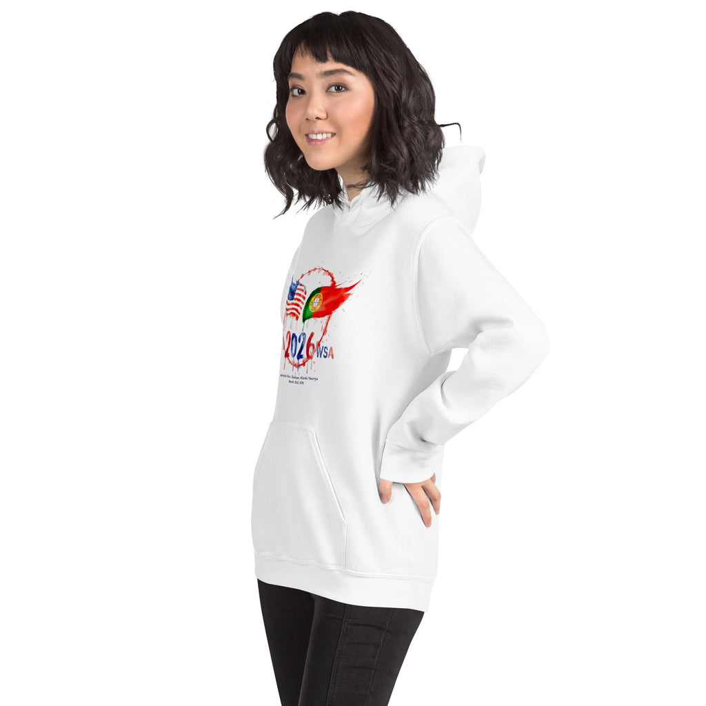 Person wearing a white hoodie with a colorful graphic design on a white background