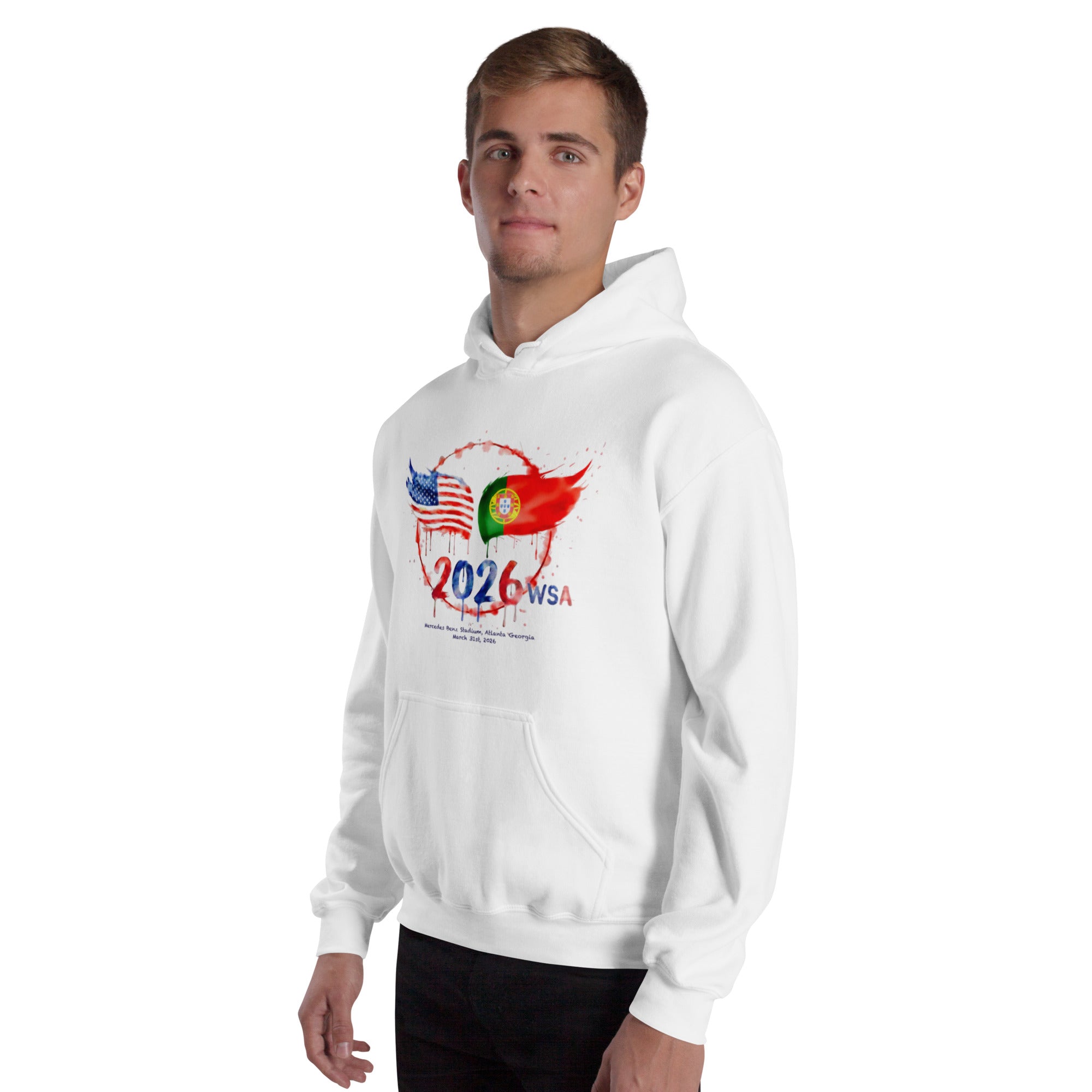 Person wearing a white hoodie with 2026 WSA design on a white background