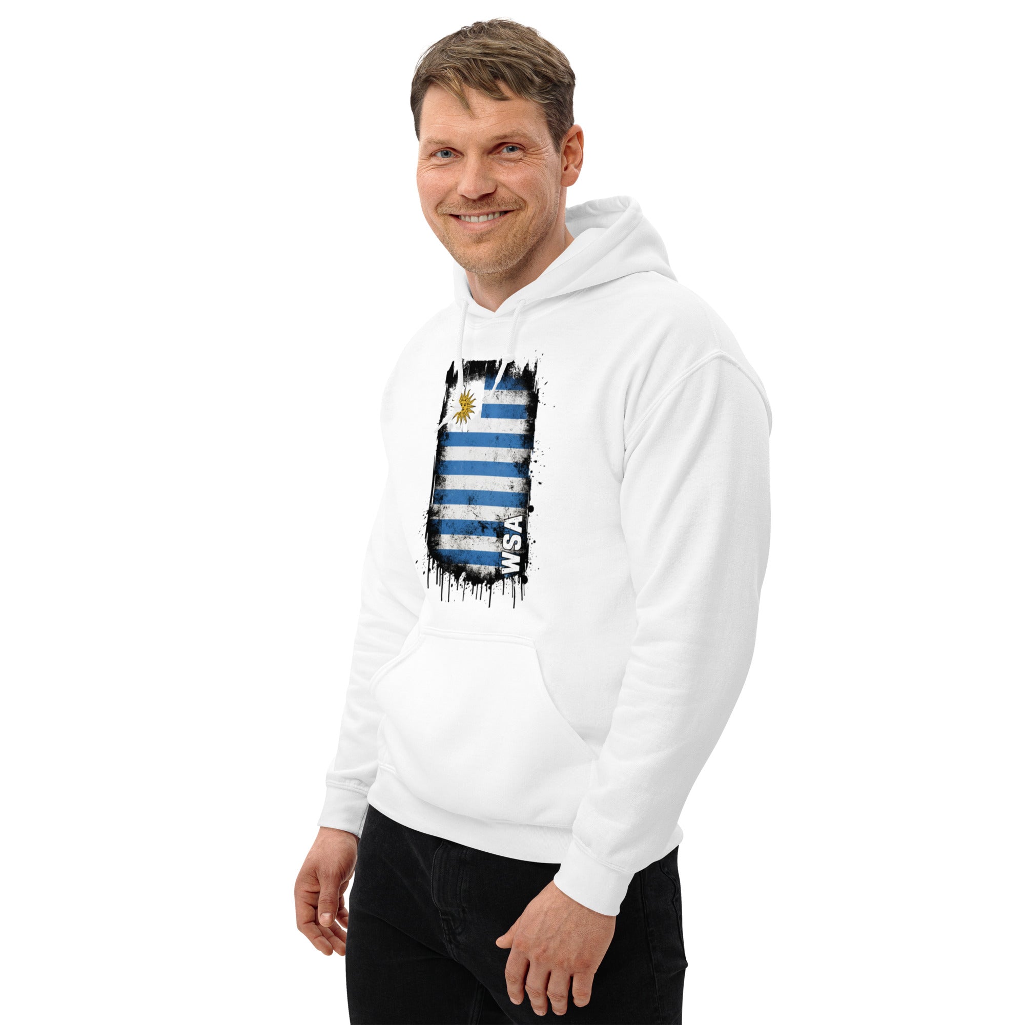 Man wearing a white hoodie with a colorful graphic design on a white background