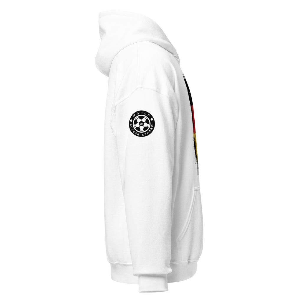 White hoodie with a logo on the sleeve against a white background